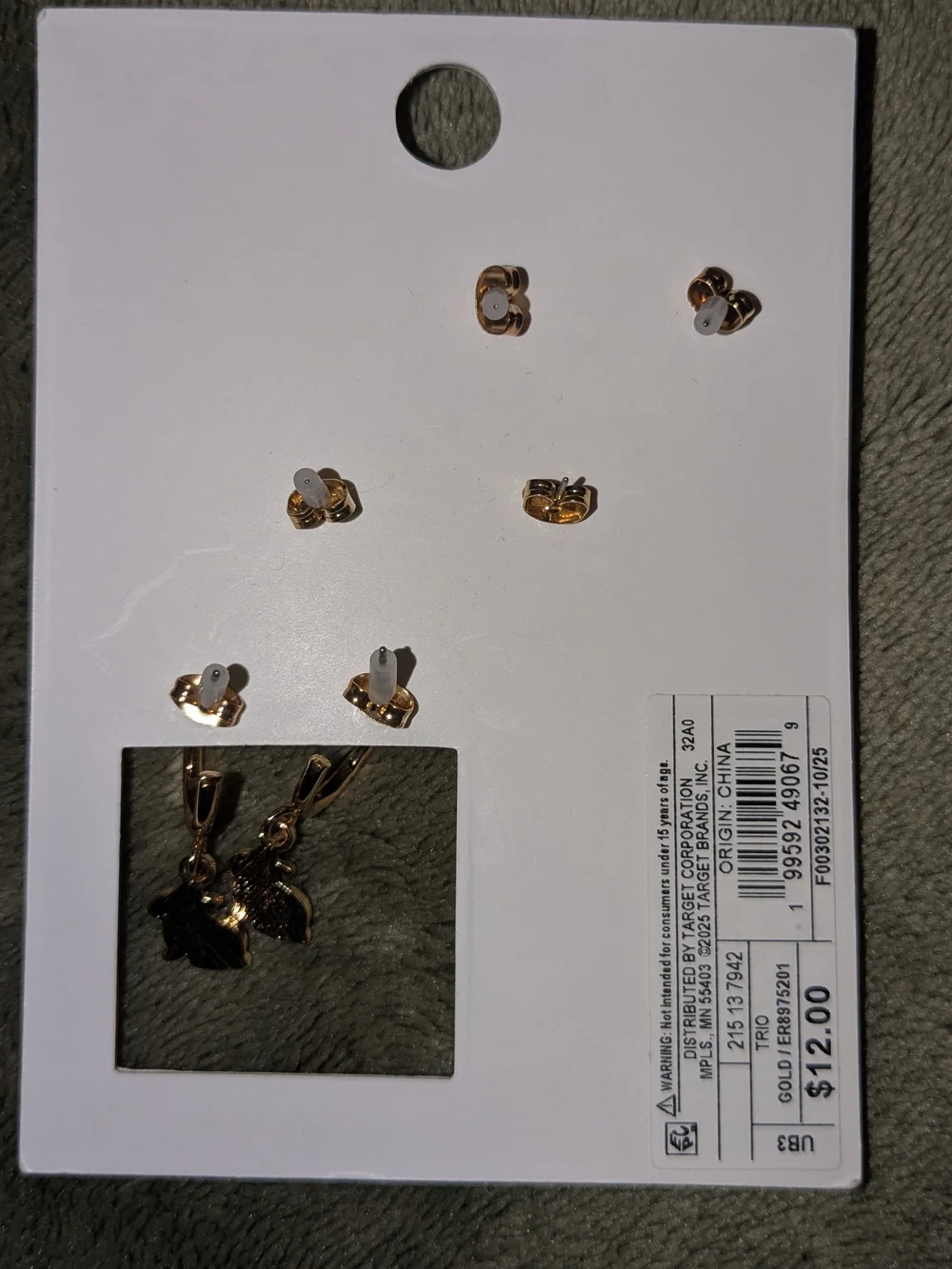 Target Kids Gold Tone Bunny, Carrot & Floral Stud Earring Set